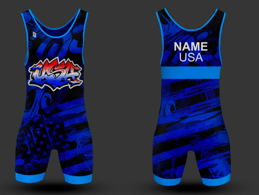 USA Blue Graffiti Wrestling Singlet